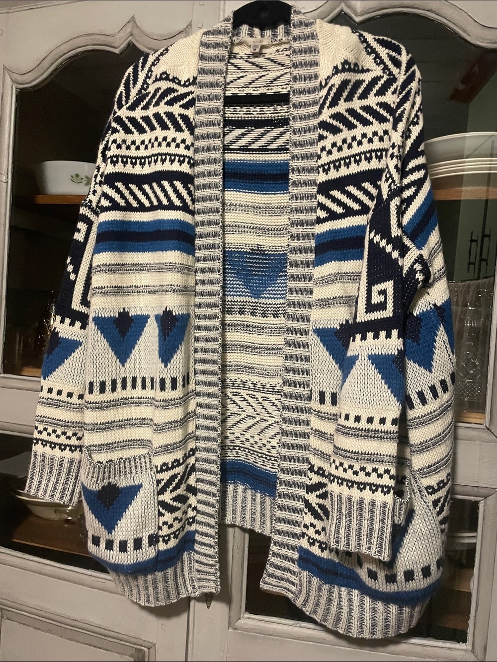 Ecote Blue, Cream & Navy Patterned Open-Front Cardigan